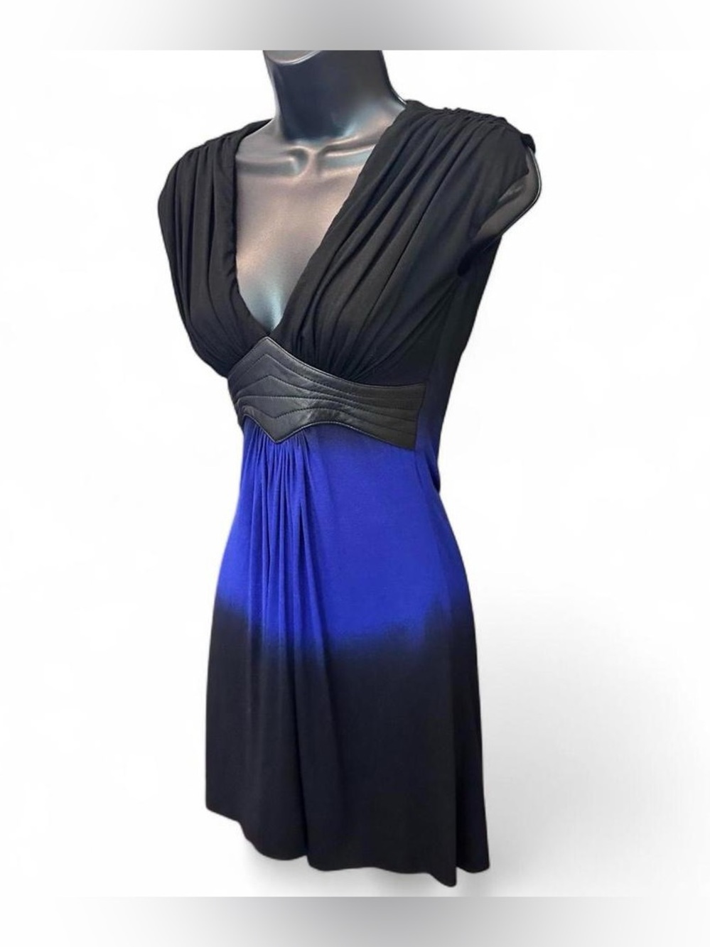 NWOT SKY Brand Black & Blue Ombre Sleeveless Mini with Genuine Leather Accent XS